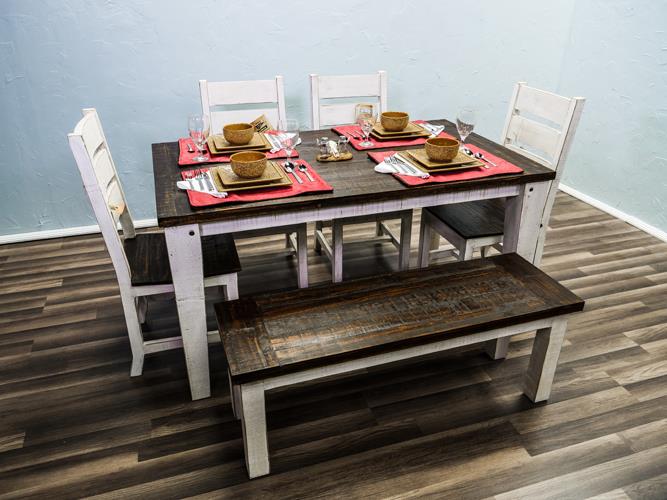 Million Dollar Rustic Weathered White Table, 4 chairs 1 Bench