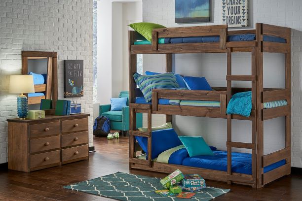 Chestnut Triple Twin Bunkbed with 3 Bunkie Mattresses