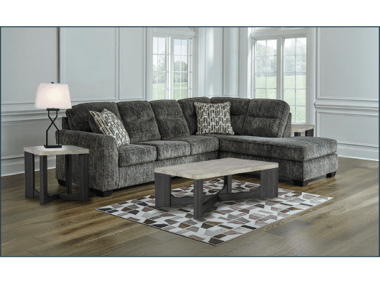 MATCHING TABLES, LAMPS AND RUG INCLUDED! Lonoke 2-Piece Sectional with Chaise in Gunmetal