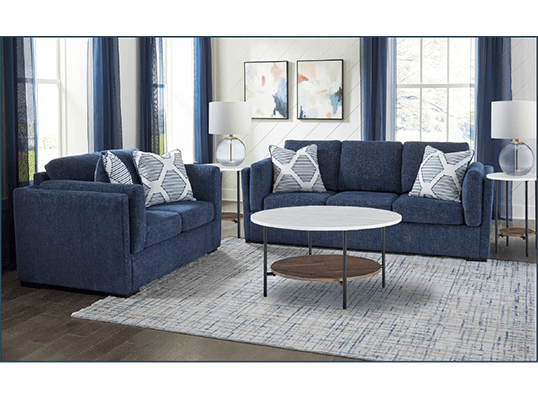 MATCHING TABLES, LAMPS AND RUG INCLUDED! - Evansley Sofa and Loveseat in Navy