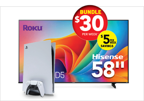 PS5 console with a Roku Hisense 58 inch D5 TV, bundle $30 per week